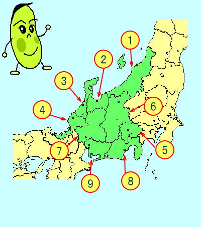 中部地方の都道府県の場所と名前